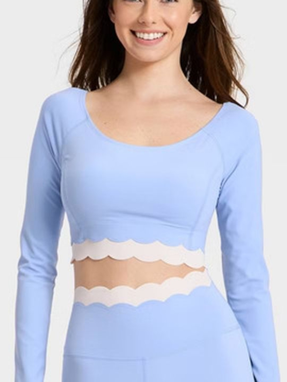 JoyLab Light Blue Long Sleeve Scalloped-Cutout Crop Top